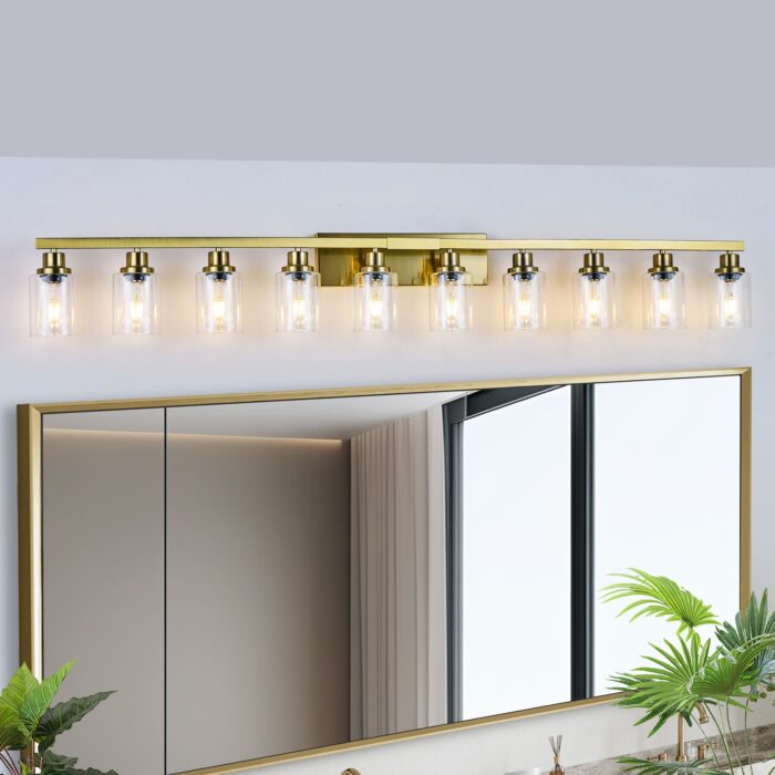 10 Light Gold Bathroom Vanity Light Fixture, Modern Wall Sconce with Clear Glass - Image 2