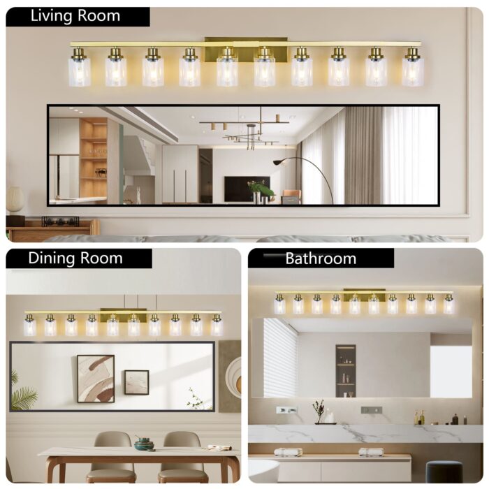 10 Light Gold Bathroom Vanity Light Fixture, Modern Wall Sconce with Clear Glass - Image 3