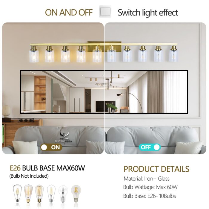10 Light Gold Bathroom Vanity Light Fixture, Modern Wall Sconce with Clear Glass - Image 4