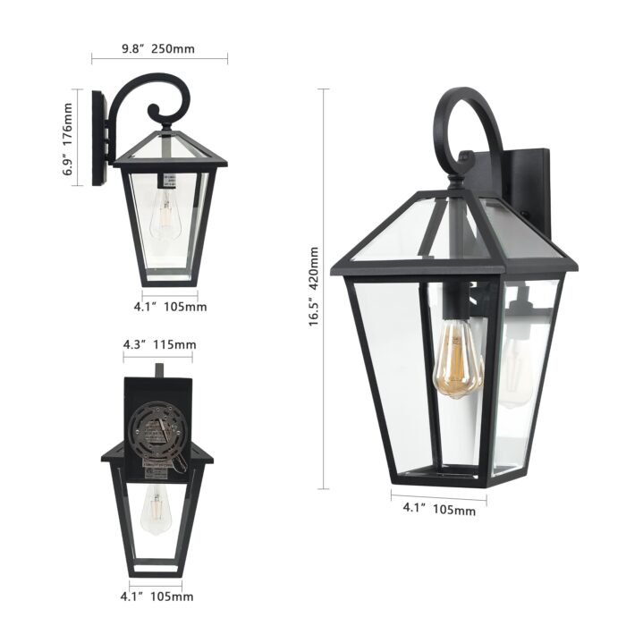 2 Pack Outdoor Wall Sconce – Black Porch Lantern Waterproof Lighting Fixture with Clear Glass