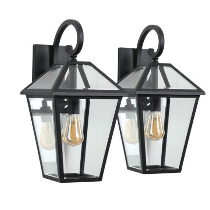 2 Pack Outdoor Wall Sconce – Black Porch Lantern Waterproof Lighting Fixture with Clear Glass