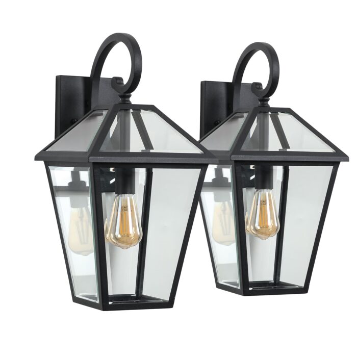 2 Pack Outdoor Wall Sconce – Black Porch Lantern Waterproof Lighting Fixture with Clear Glass