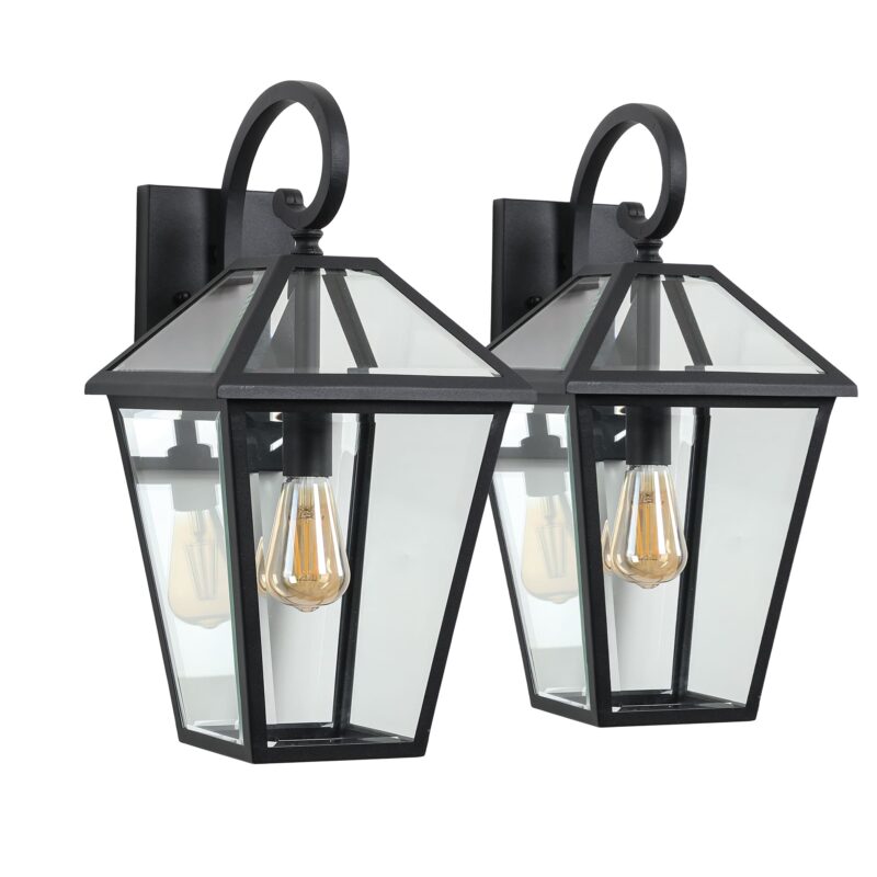 2 Pack Outdoor Wall Sconce – Black Porch Lantern Waterproof Lighting Fixture with Clear Glass