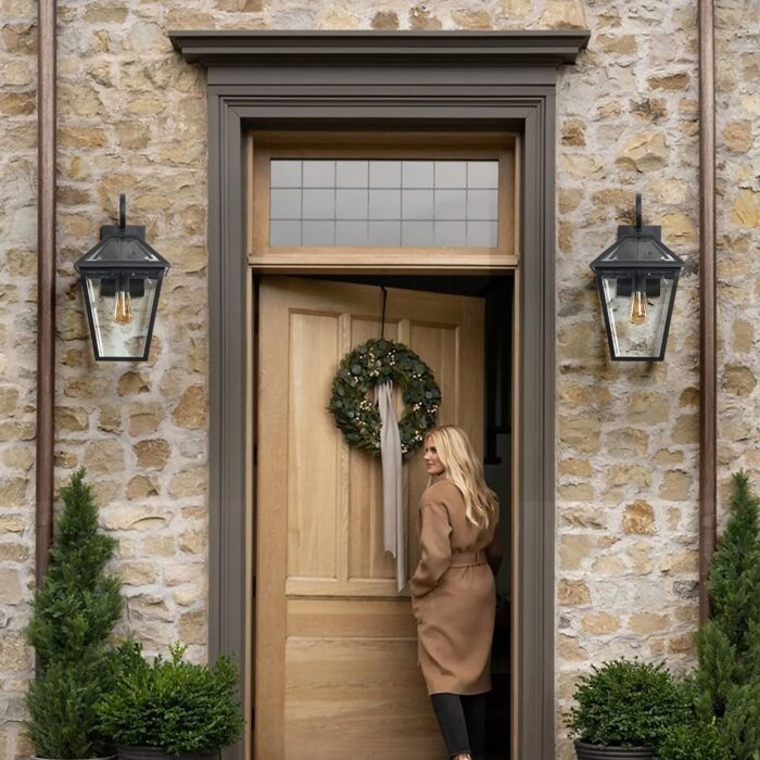 2 Pack Outdoor Wall Sconce – Black Porch Lantern Waterproof Lighting Fixture with Clear Glass