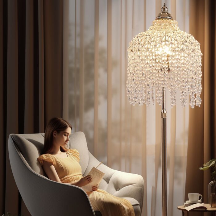 3-Light Crystal Floor Lamp – Elegant Waterfall Bead Design with Gold Finish - Image 2