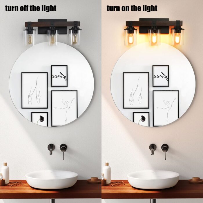 3 Light Vanity Light, Modern Matte Black Bathroom Wall Fixture with Clear Glass Shades - Image 3