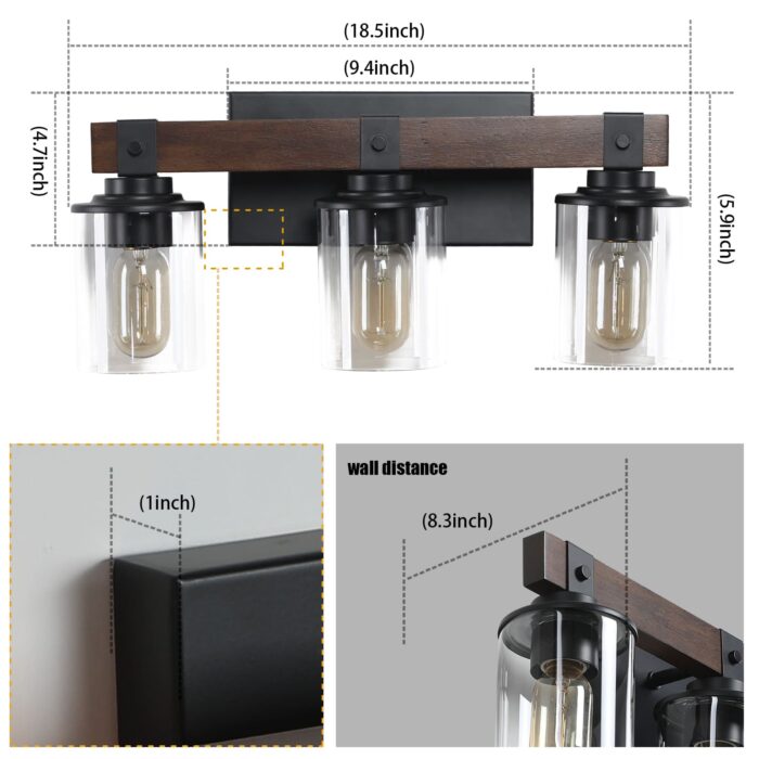 3 Light Vanity Light, Modern Matte Black Bathroom Wall Fixture with Clear Glass Shades - Image 5