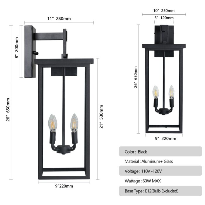 4-Light 25.6 Outdoor Wall Sconce – Black Waterproof Porch Light Fixture