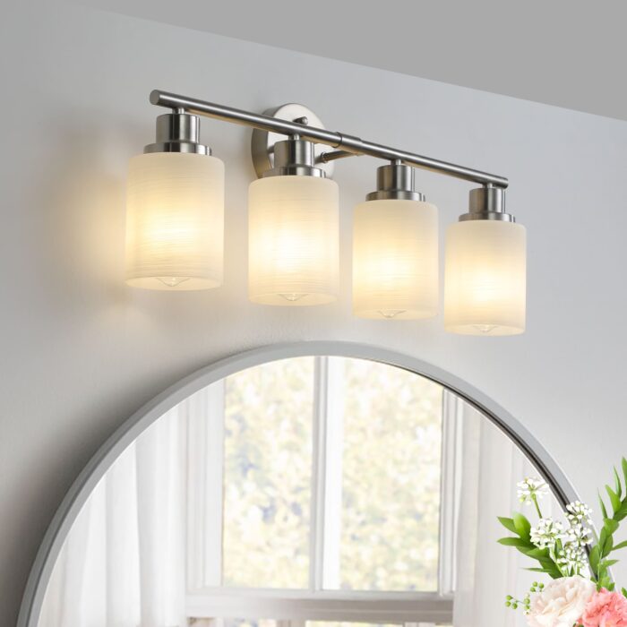 4-Light Brushed Nickel Vanity Sconce – Modern Bathroom Wall Lamp with Frosted Glass - Image 2