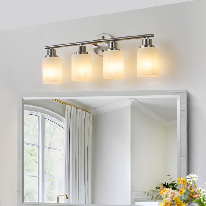 4-Light Brushed Nickel Vanity Sconce – Modern Bathroom Wall Lamp with Frosted Glass - Image 3