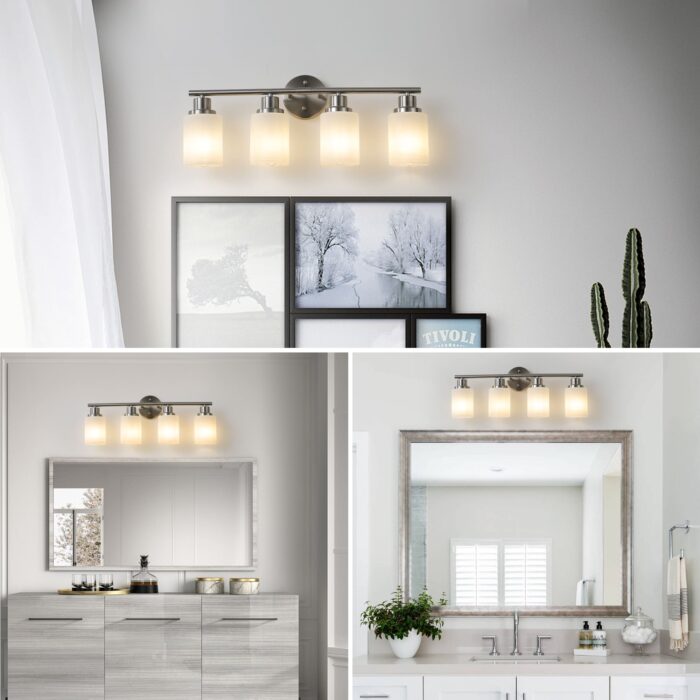 4-Light Brushed Nickel Vanity Sconce – Modern Bathroom Wall Lamp with Frosted Glass - Image 4