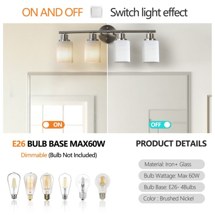 4-Light Brushed Nickel Vanity Sconce – Modern Bathroom Wall Lamp with Frosted Glass - Image 5