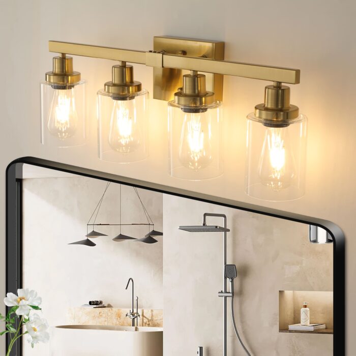 4 Light Gold Vanity Light with Clear Glass Shades, E26 Bulb Compatible Bathroom Fixture - Image 2