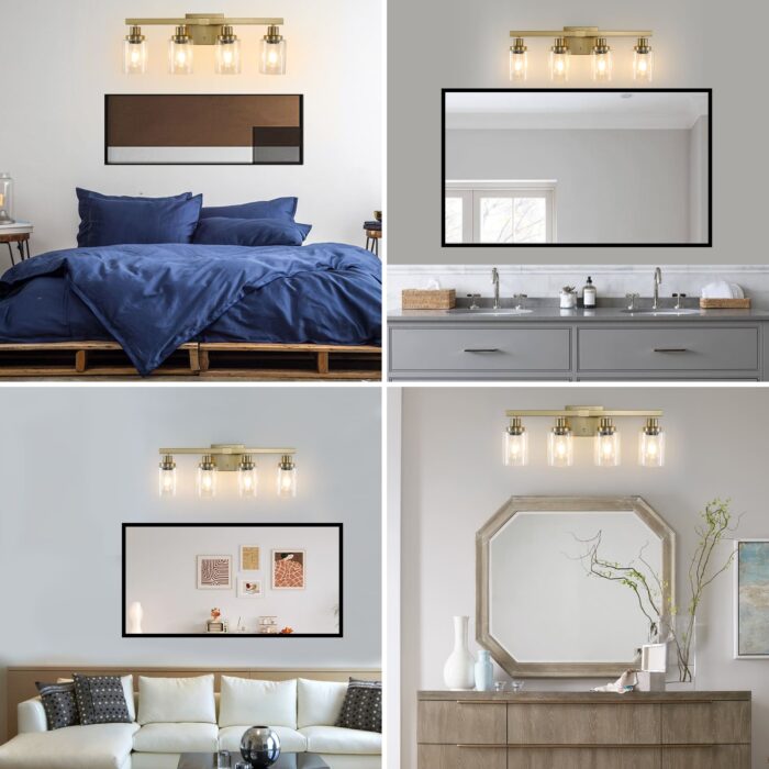 4 Light Gold Vanity Light with Clear Glass Shades, E26 Bulb Compatible Bathroom Fixture - Image 3