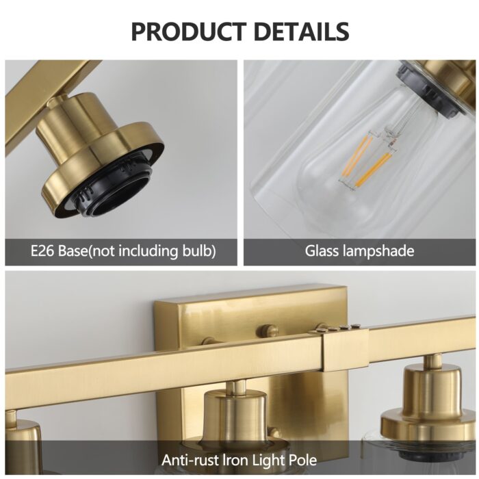 4 Light Gold Vanity Light with Clear Glass Shades, E26 Bulb Compatible Bathroom Fixture - Image 4