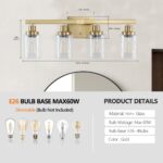 4 Light Gold Vanity Light with Clear Glass Shades, E26 Bulb Compatible Bathroom Fixture - Image 6