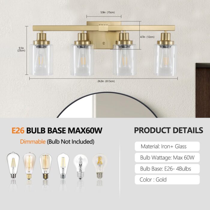 4 Light Gold Vanity Light with Clear Glass Shades, E26 Bulb Compatible Bathroom Fixture - Image 6