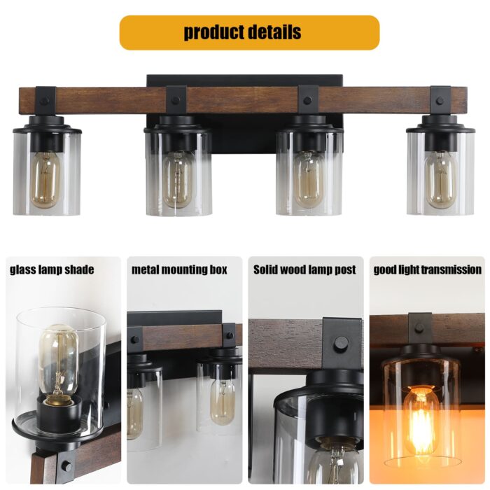 4 Light Vanity Light Farmhouse Bathroom Wall Fixture With Clear Glass Shades - Image 4