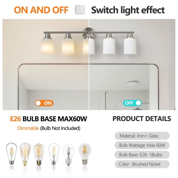 5-Light Brushed Nickel Vanity Light – Modern Bathroom Wall Lamp (No Bulbs Included) - Image 6