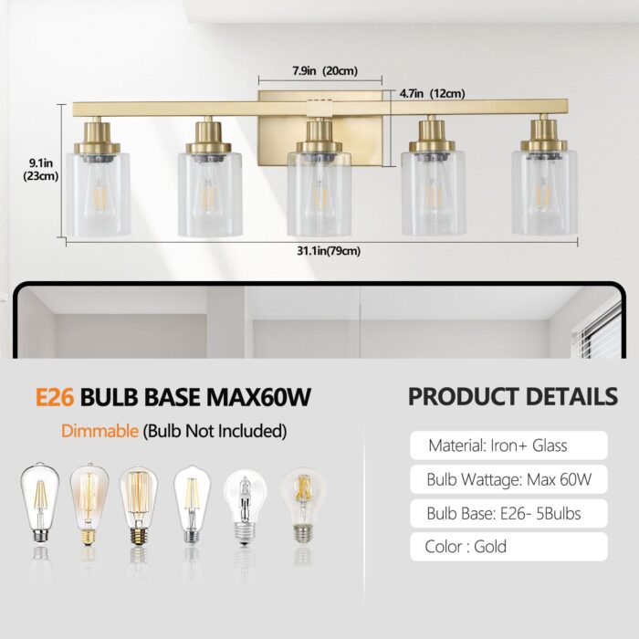 5 Light Luxury Gold Vanity Light – Modern Contemporary Bathroom Lighting Fixture - Image 6