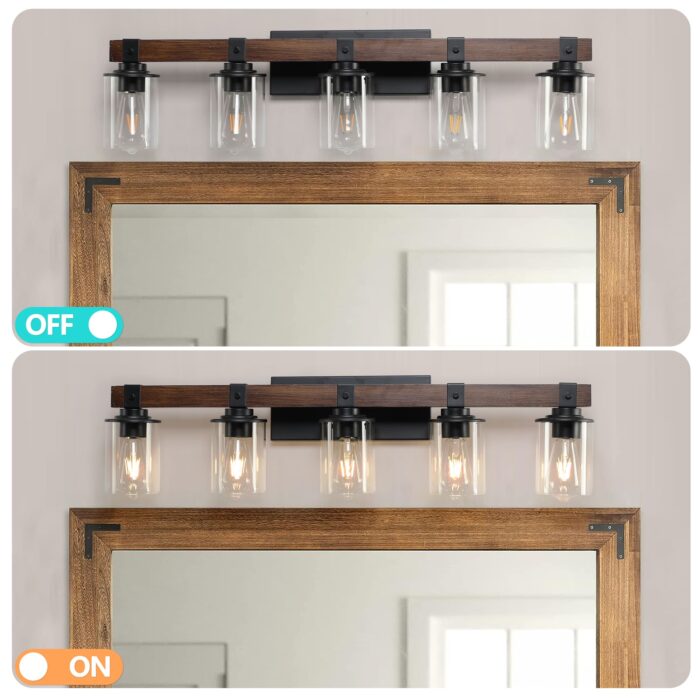 5 Light Vanity Light, Rustic Farmhouse Bathroom Wall Lamp With Clear Glass - Image 3