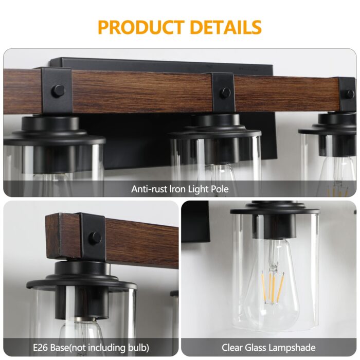 5 Light Vanity Light, Rustic Farmhouse Bathroom Wall Lamp With Clear Glass - Image 5