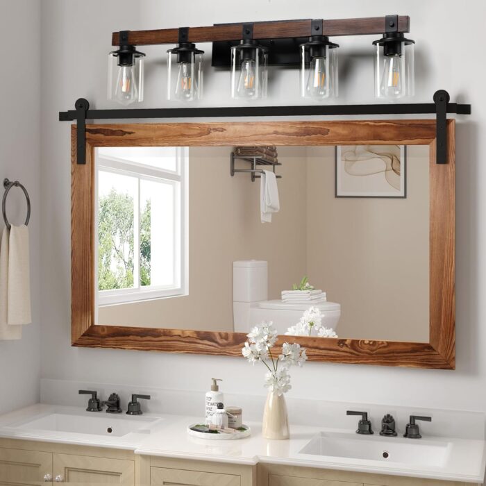 5 Light Vanity Light, Rustic Farmhouse Bathroom Wall Lamp With Clear Glass - Image 2