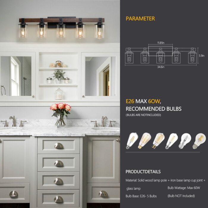 5 Light Vanity Light, Rustic Farmhouse Bathroom Wall Lamp With Clear Glass - Image 6