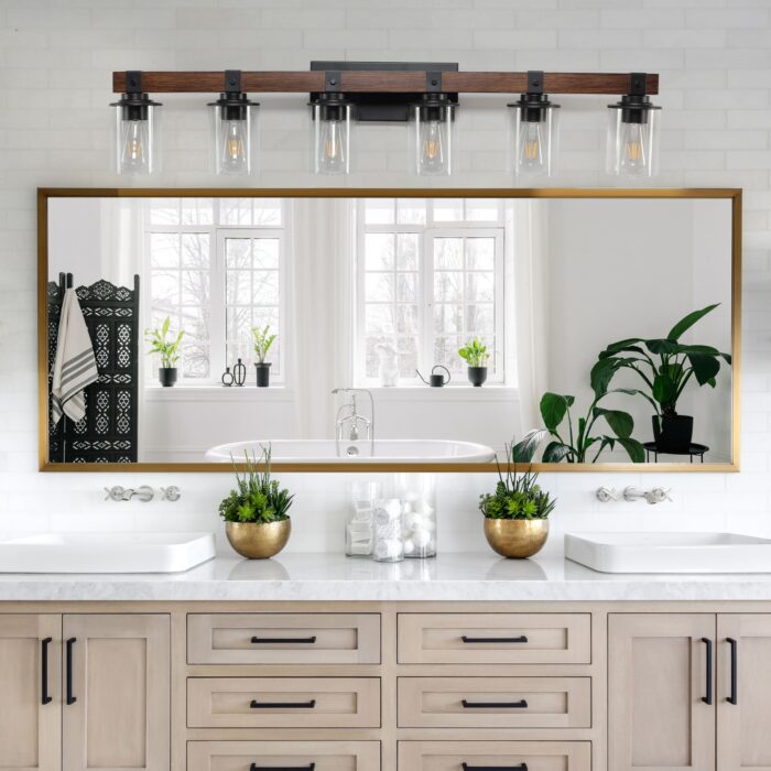 6 Light Vanity Light, Modern Farmhouse Rustic Bathroom Wall Fixture In Brown Finish - Image 3