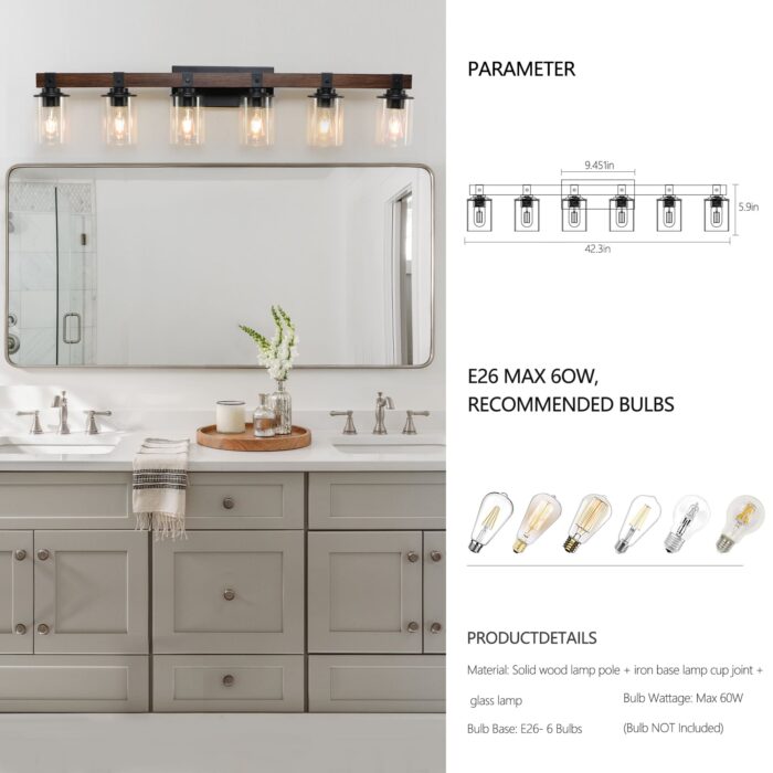 6 Light Vanity Light, Modern Farmhouse Rustic Bathroom Wall Fixture In Brown Finish - Image 6