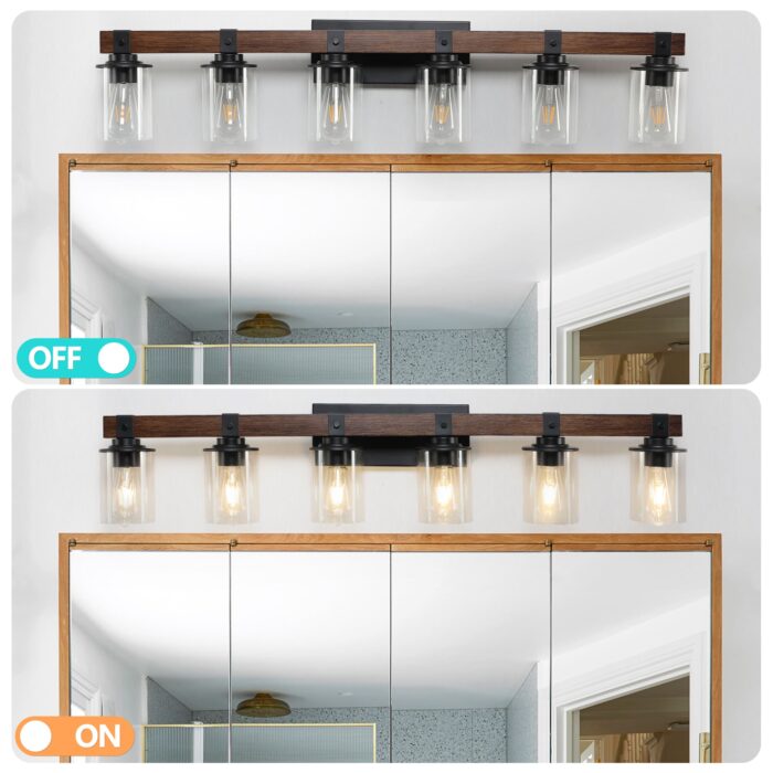 6 Light Vanity Light, Modern Farmhouse Rustic Bathroom Wall Fixture In Brown Finish - Image 4