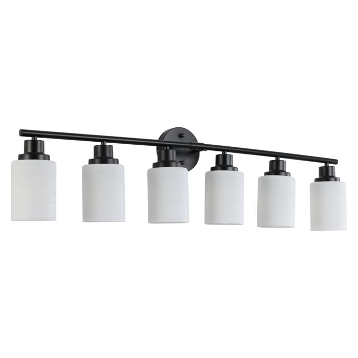 6-Light Vanity Light – Modern Black Bathroom Wall Fixture with Frosted Glass Shades - Image 1