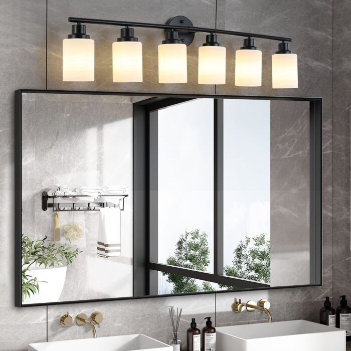 6-Light Vanity Light – Modern Black Bathroom Wall Fixture with Frosted Glass Shades - Image 2