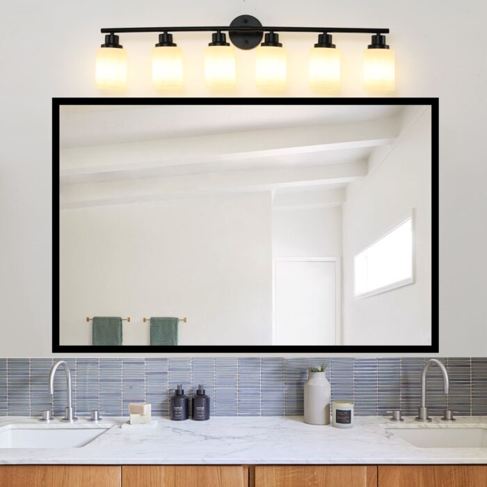 6-Light Vanity Light – Modern Black Bathroom Wall Fixture with Frosted Glass Shades - Image 3