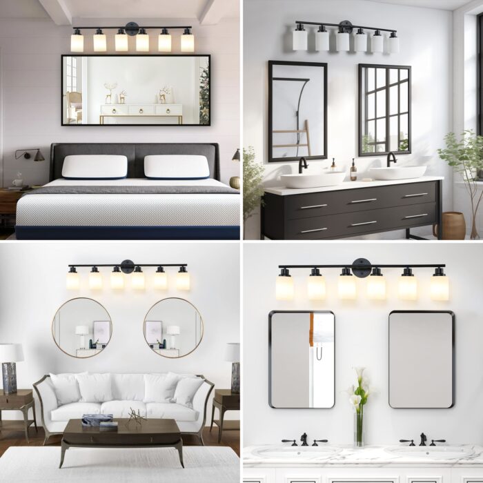 6-Light Vanity Light – Modern Black Bathroom Wall Fixture with Frosted Glass Shades - Image 4
