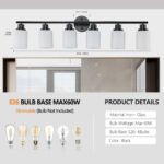 6-Light Vanity Light – Modern Black Bathroom Wall Fixture with Frosted Glass Shades - Image 7