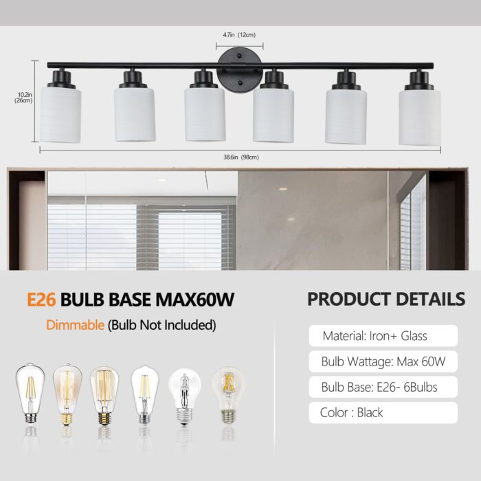 6-Light Vanity Light – Modern Black Bathroom Wall Fixture with Frosted Glass Shades - Image 7