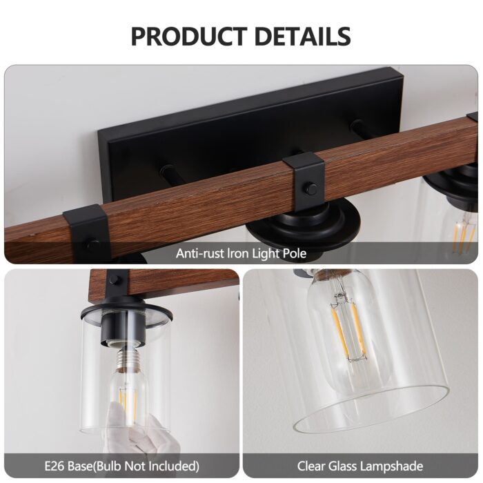 7 Light Bathroom Vanity Lights, Rustic Wood And Metal Bathroom Wall Fixture For Farmhouse Decor - Image 5