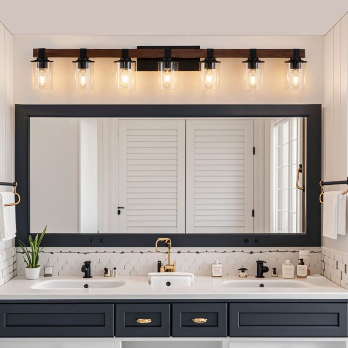 7 Light Bathroom Vanity Lights, Rustic Wood And Metal Bathroom Wall Fixture For Farmhouse Decor - Image 2