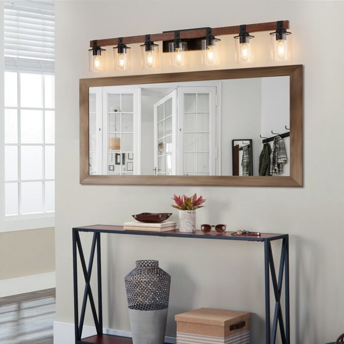 7 Light Bathroom Vanity Lights, Rustic Wood And Metal Bathroom Wall Fixture For Farmhouse Decor - Image 3