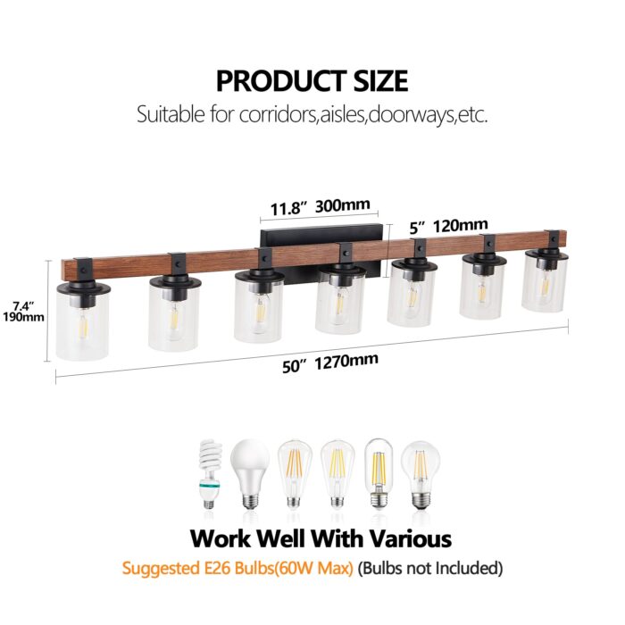 7 Light Bathroom Vanity Lights, Rustic Wood And Metal Bathroom Wall Fixture For Farmhouse Decor - Image 6