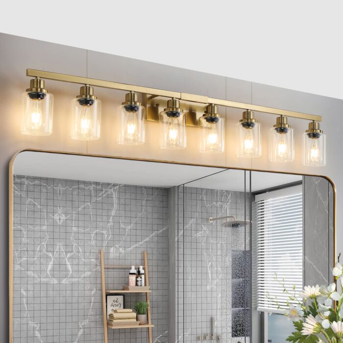8 Light Gold Vanity Light, Contemporary Bathroom Wall Sconce with Glass Shades - Image 2