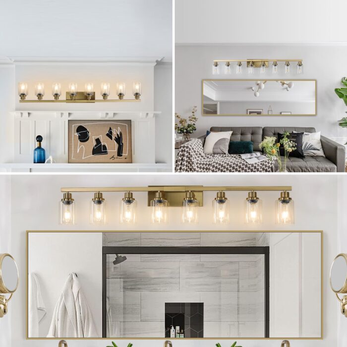 8 Light Gold Vanity Light, Contemporary Bathroom Wall Sconce with Glass Shades - Image 3
