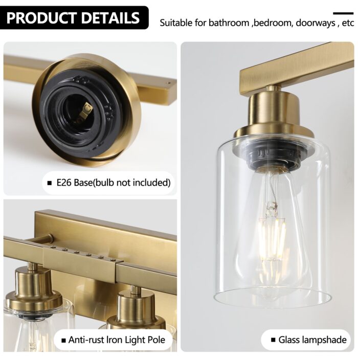 8 Light Gold Vanity Light, Contemporary Bathroom Wall Sconce with Glass Shades - Image 5