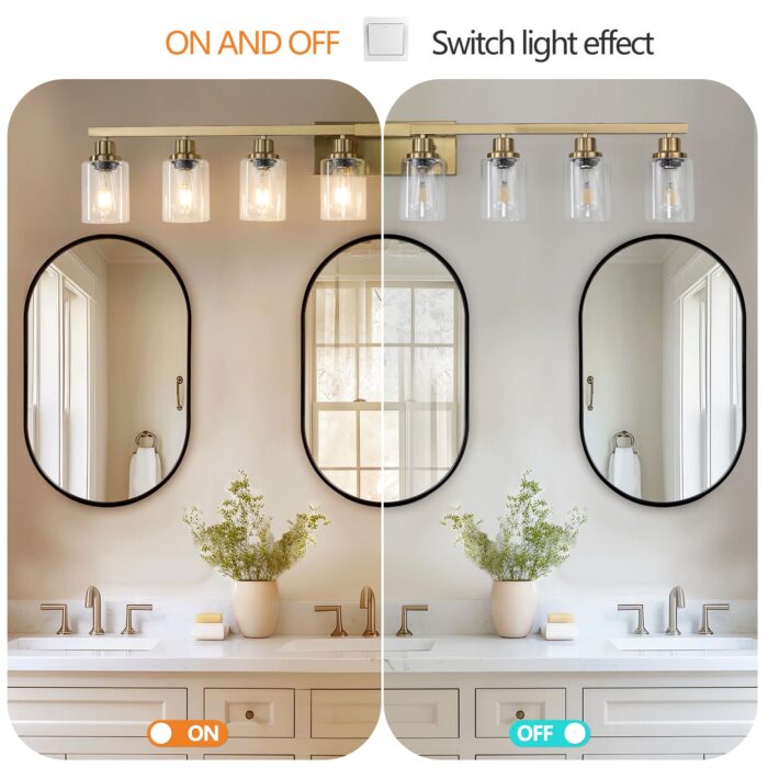 8 Light Gold Vanity Light, Contemporary Bathroom Wall Sconce with Glass Shades - Image 4