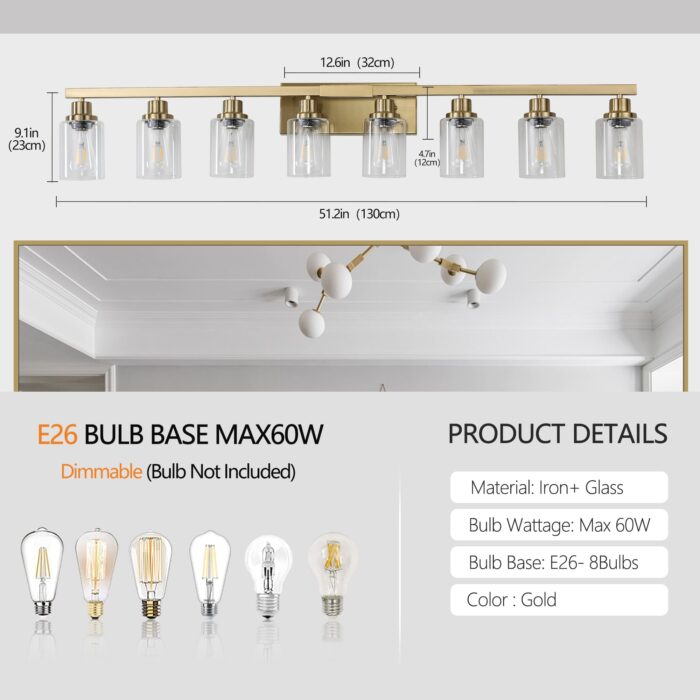 8 Light Gold Vanity Light, Contemporary Bathroom Wall Sconce with Glass Shades - Image 6