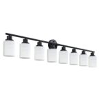 8-Light Vanity Wall Light – Matte Black Bathroom Fixture with Frosted Glass Shades
