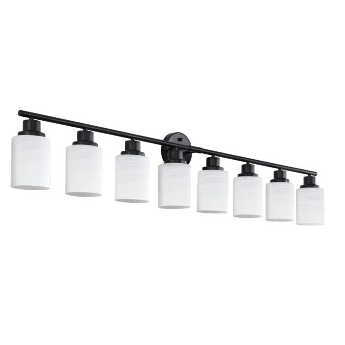 8-Light Vanity Wall Light – Matte Black Bathroom Fixture with Frosted Glass Shades - Image 1
