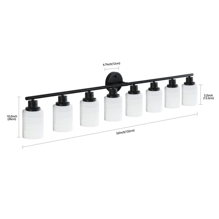 8-Light Vanity Wall Light – Matte Black Bathroom Fixture with Frosted Glass Shades - Image 6