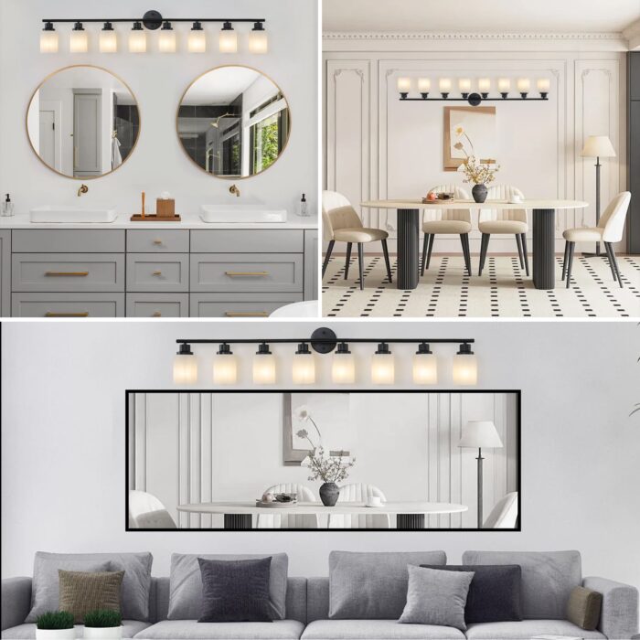 8-Light Vanity Wall Light – Matte Black Bathroom Fixture with Frosted Glass Shades - Image 2